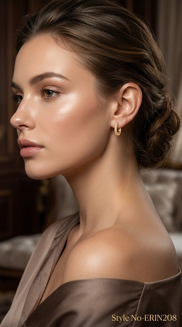 Gold tone slim pave set stone classic hoop earrings women