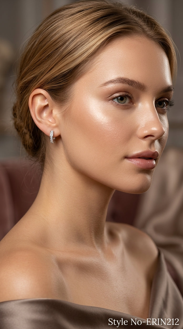 Silver tone princess cut stone channel set huggie hoop earrings