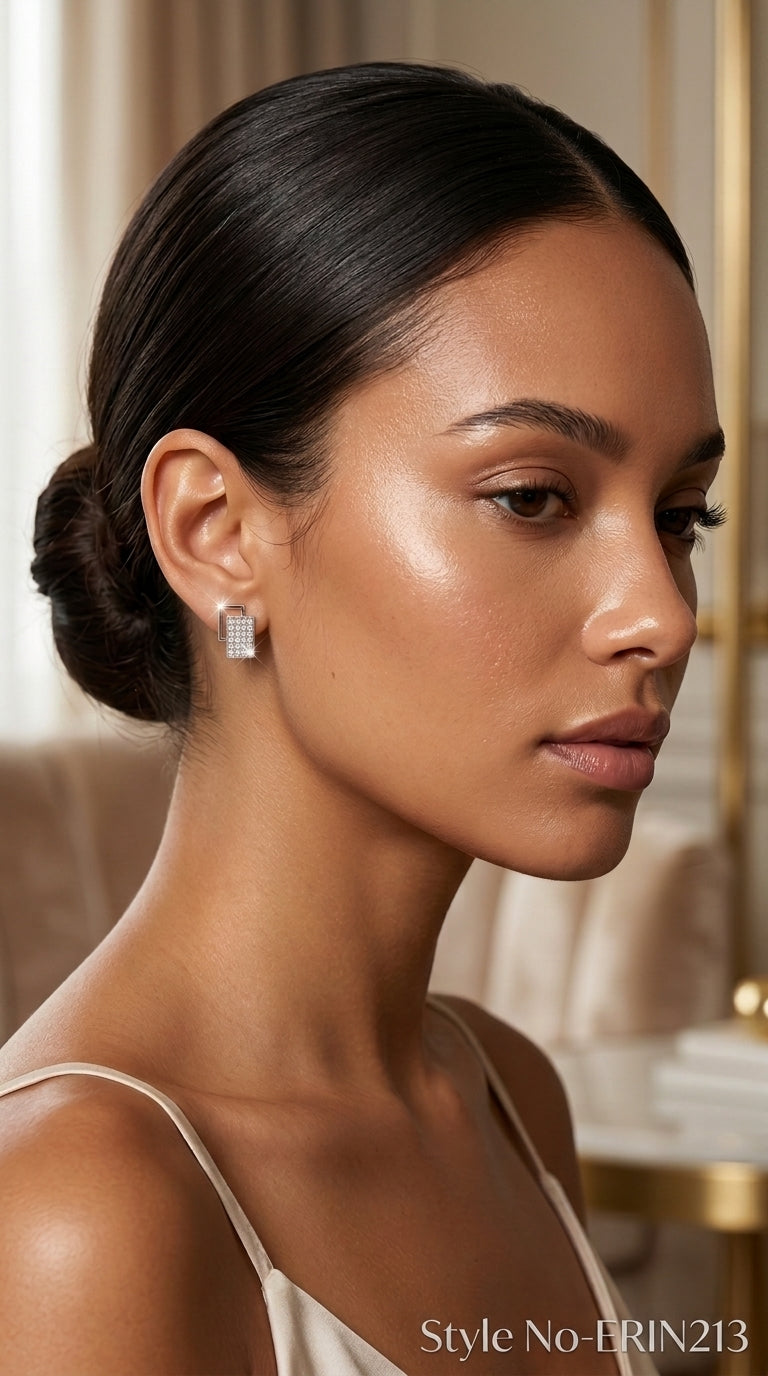Silver tone overlapping geometric rectangle paved stud earrings for women