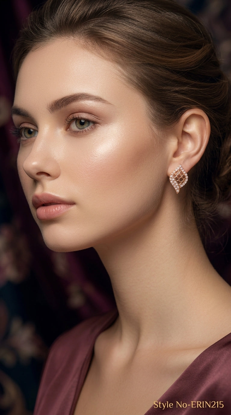 Gold tone marquise lattice mesh pave set stud earrings women