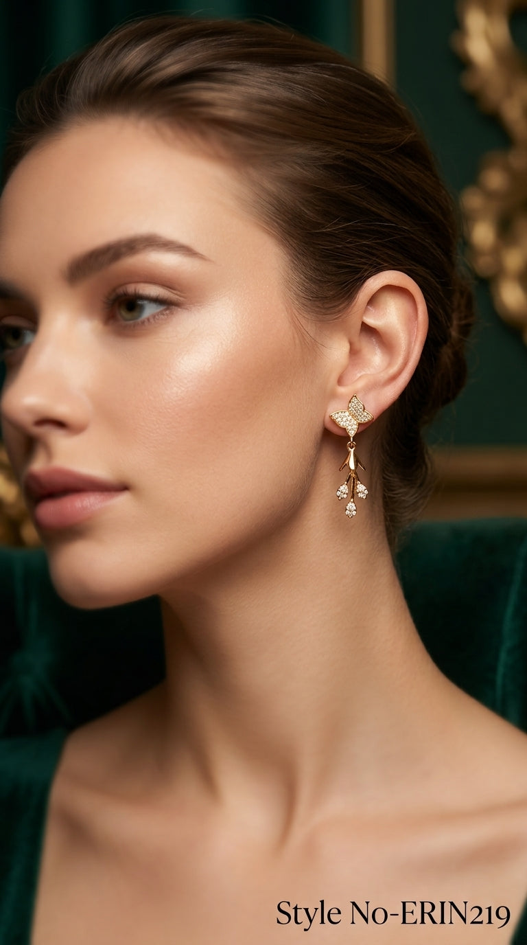 Gold tone paved butterfly stud hanging floral bud drop earrings