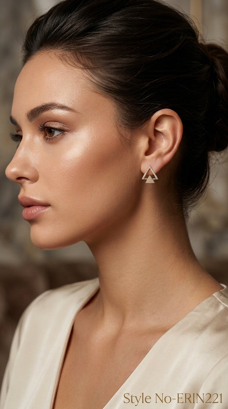 Gold tone double geometric triangle pave set stud earrings women