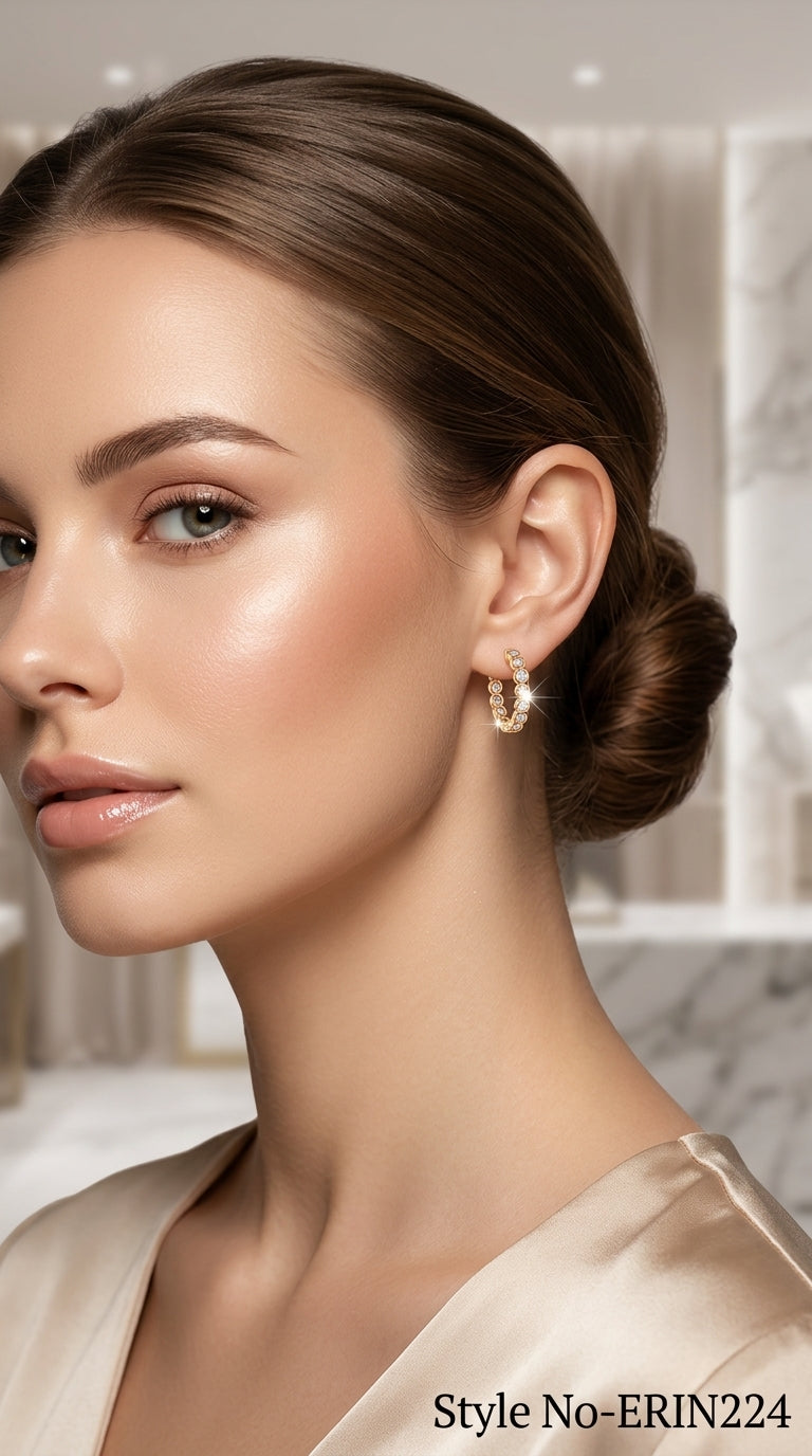 Gold tone bezel set stone classic huggie hoop earrings women