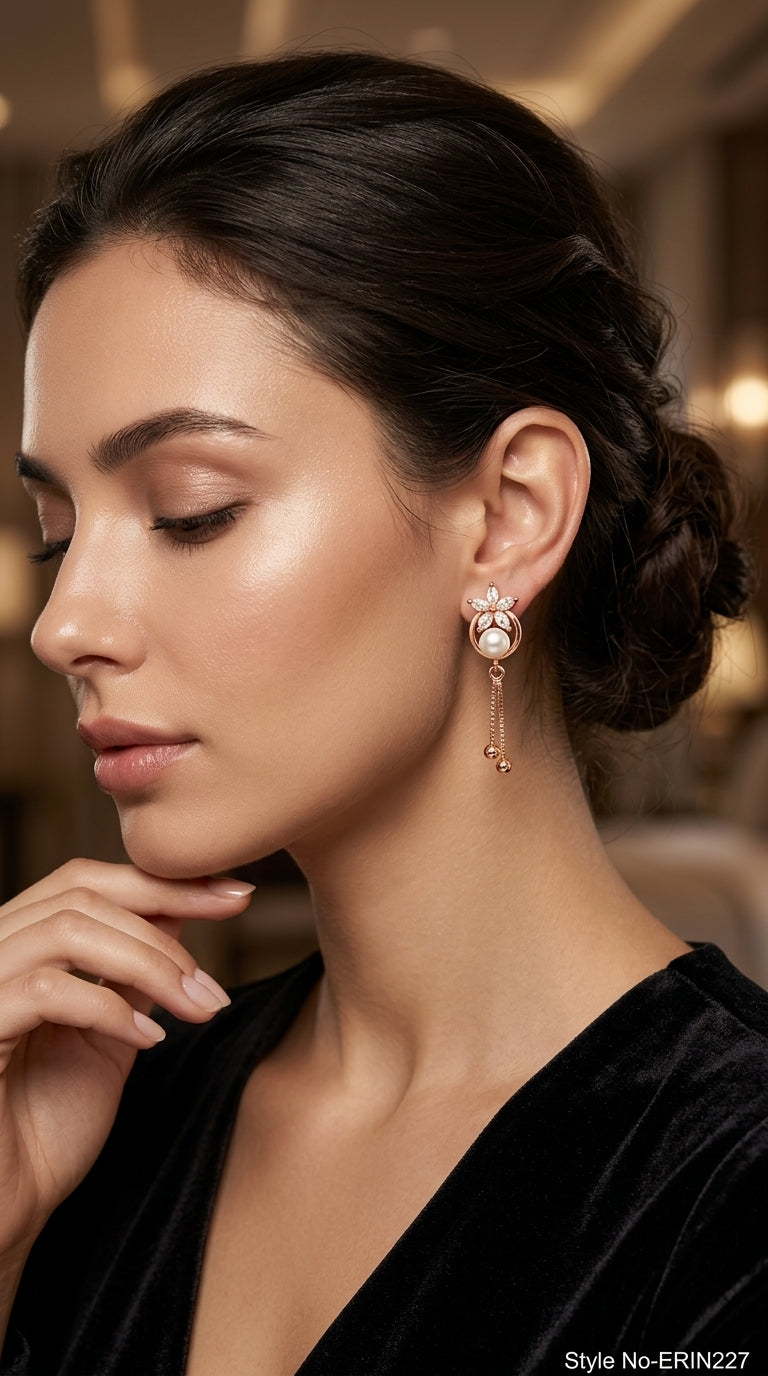 Gold tone marquise floral faux pearl tassel chain drop earrings