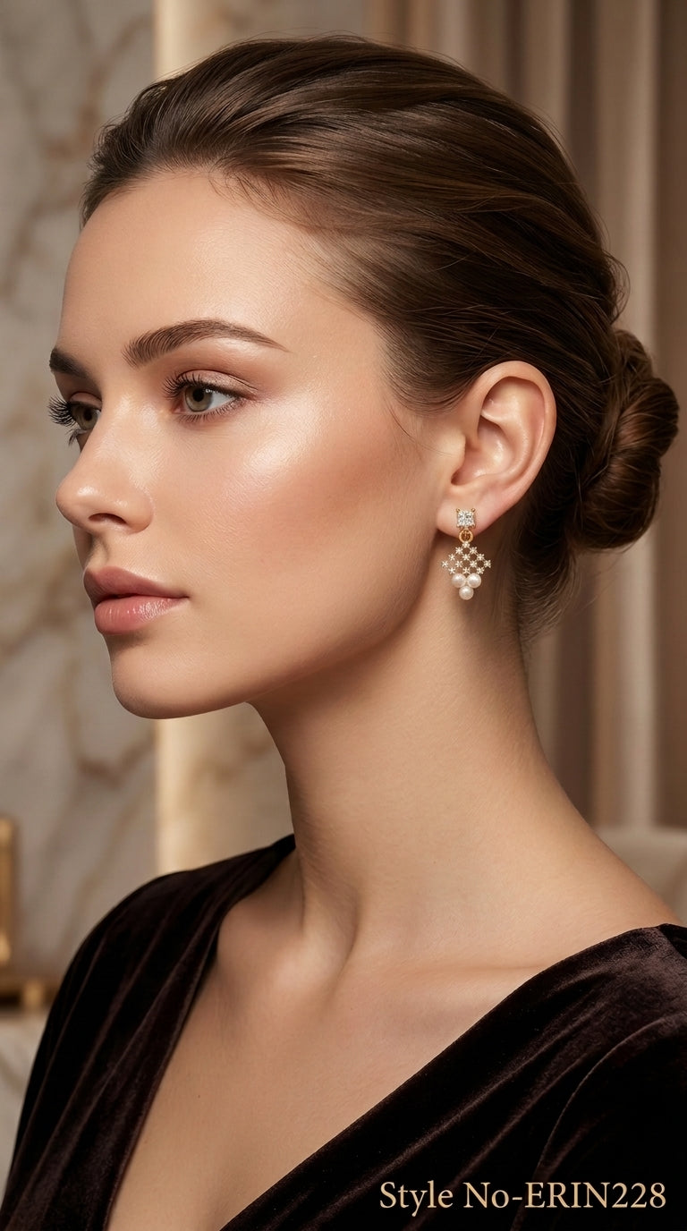 Gold tone princess cut stone latticework faux pearl drop earrings