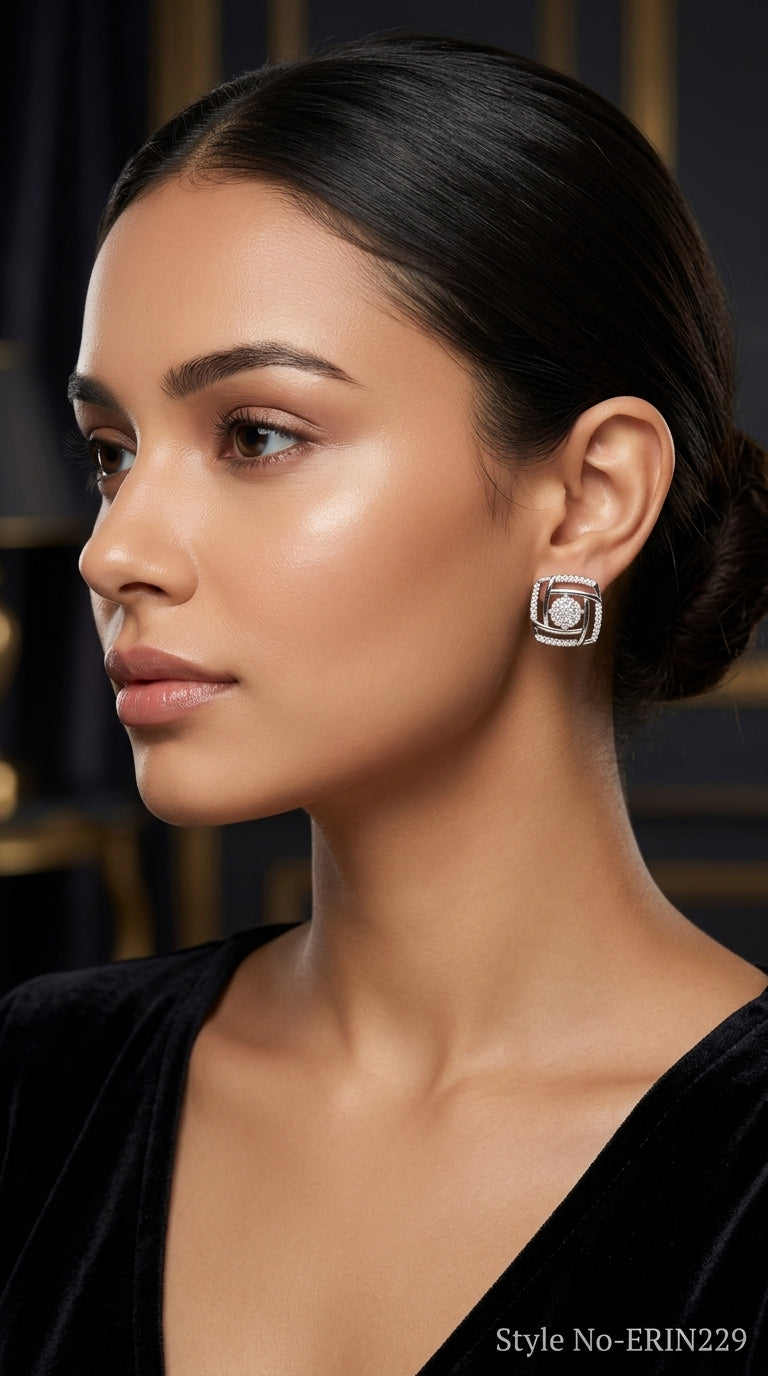 Silver tone geometric square pave disc cluster stud earrings women