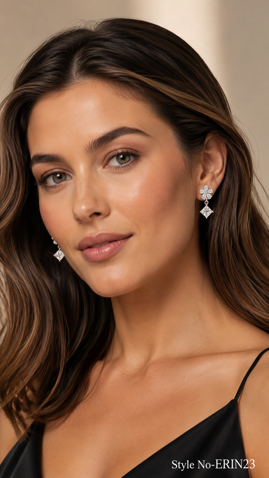 Silver Flower Crystal Drop Earrings With Princess Cut CZ Dangle