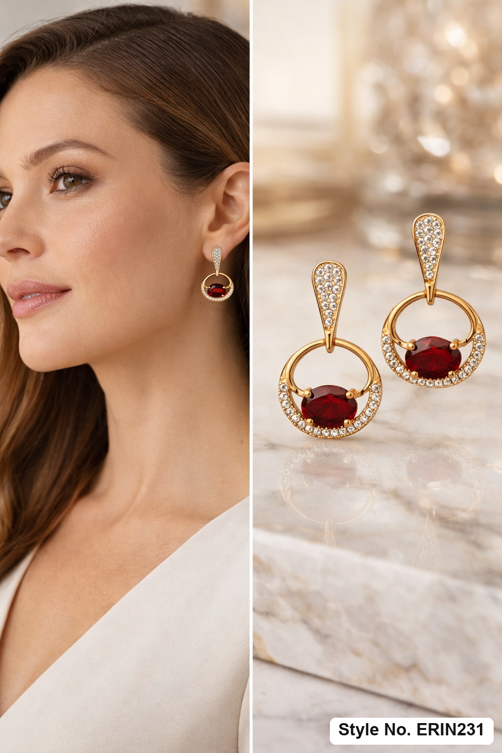 Gold tone ruby red oval stone pave circular drop earrings