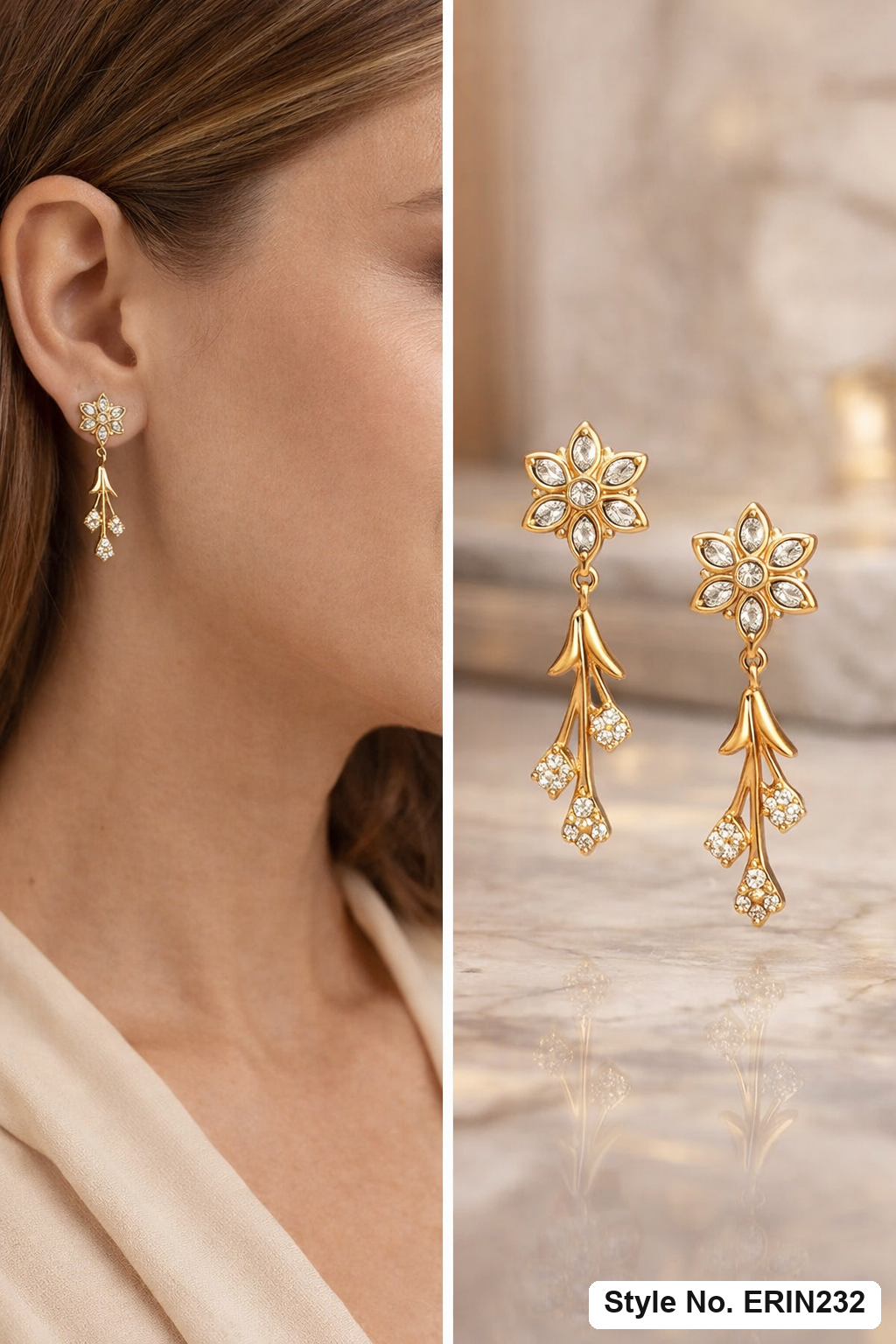 Gold tone marquise floral flower stud dangling bud drop earrings