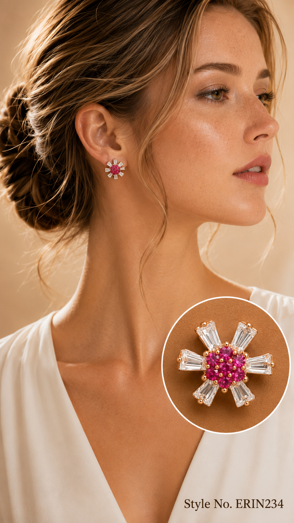 Gold tone ruby pink cluster baguette stone flower stud earrings
