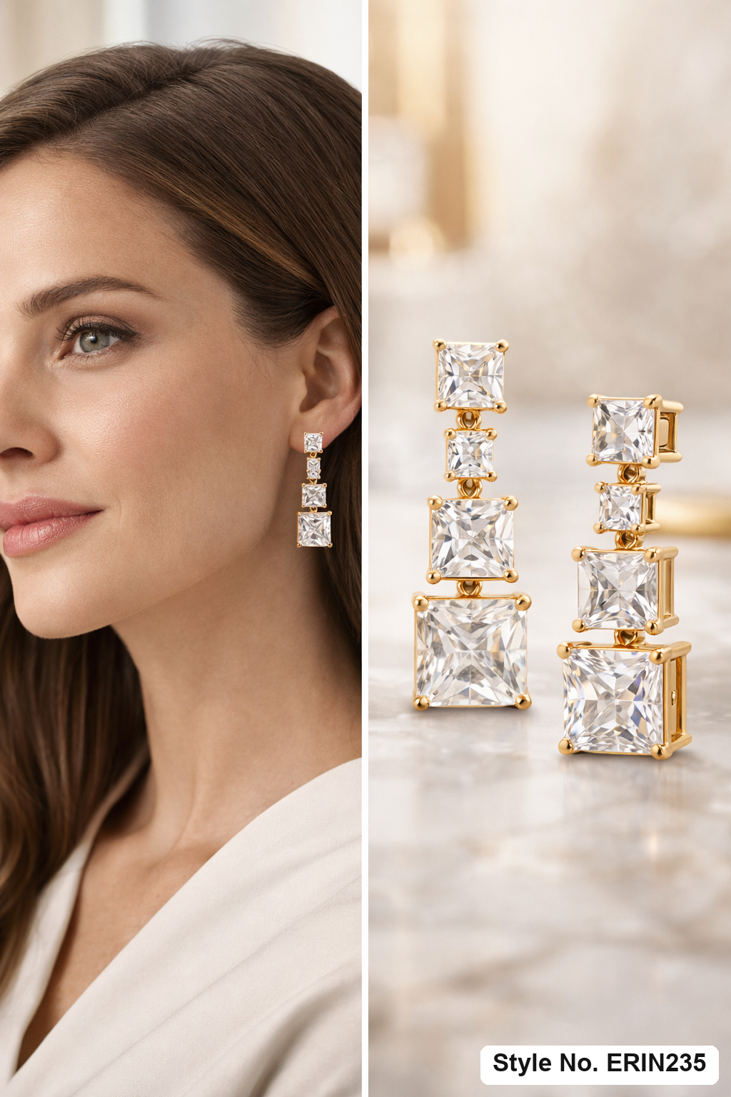 Gold tone graduated princess cut stone tiered linear drop earrings