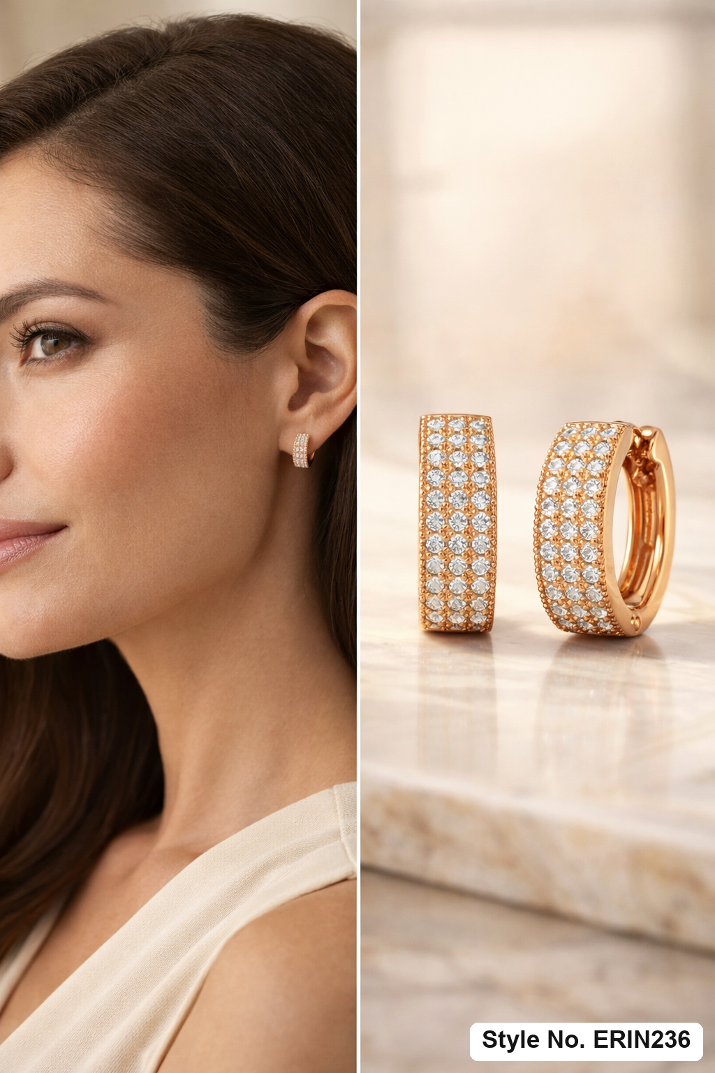 Gold tone multi row pave stone wide curved huggie hoop earrings