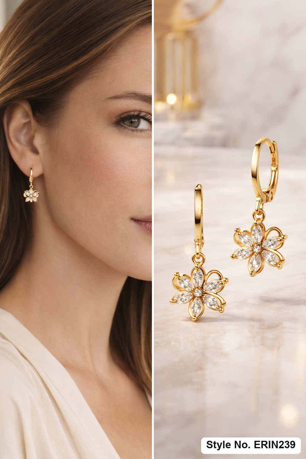 Gold tone marquise stone floral bloom lever back drop earrings