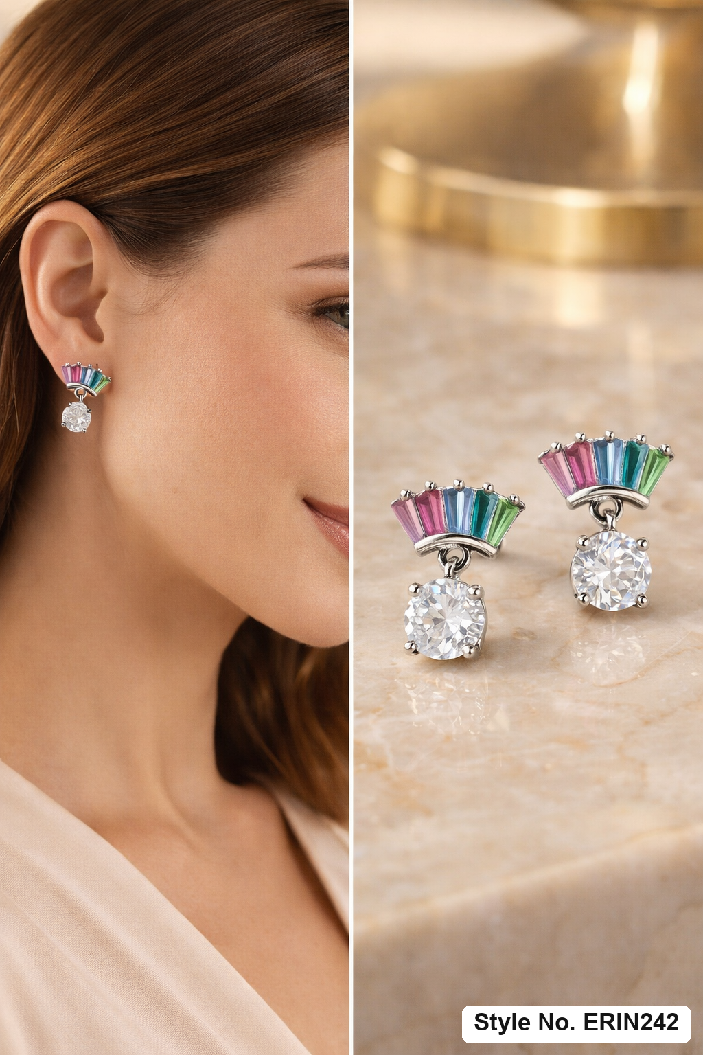 Silver tone multicolor baguette fan round stone drop earrings women