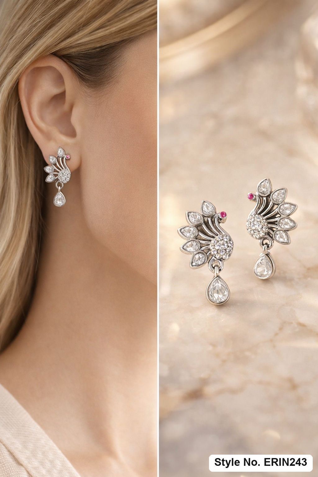 Silver tone peacock pear stone plume teardrop drop earrings women