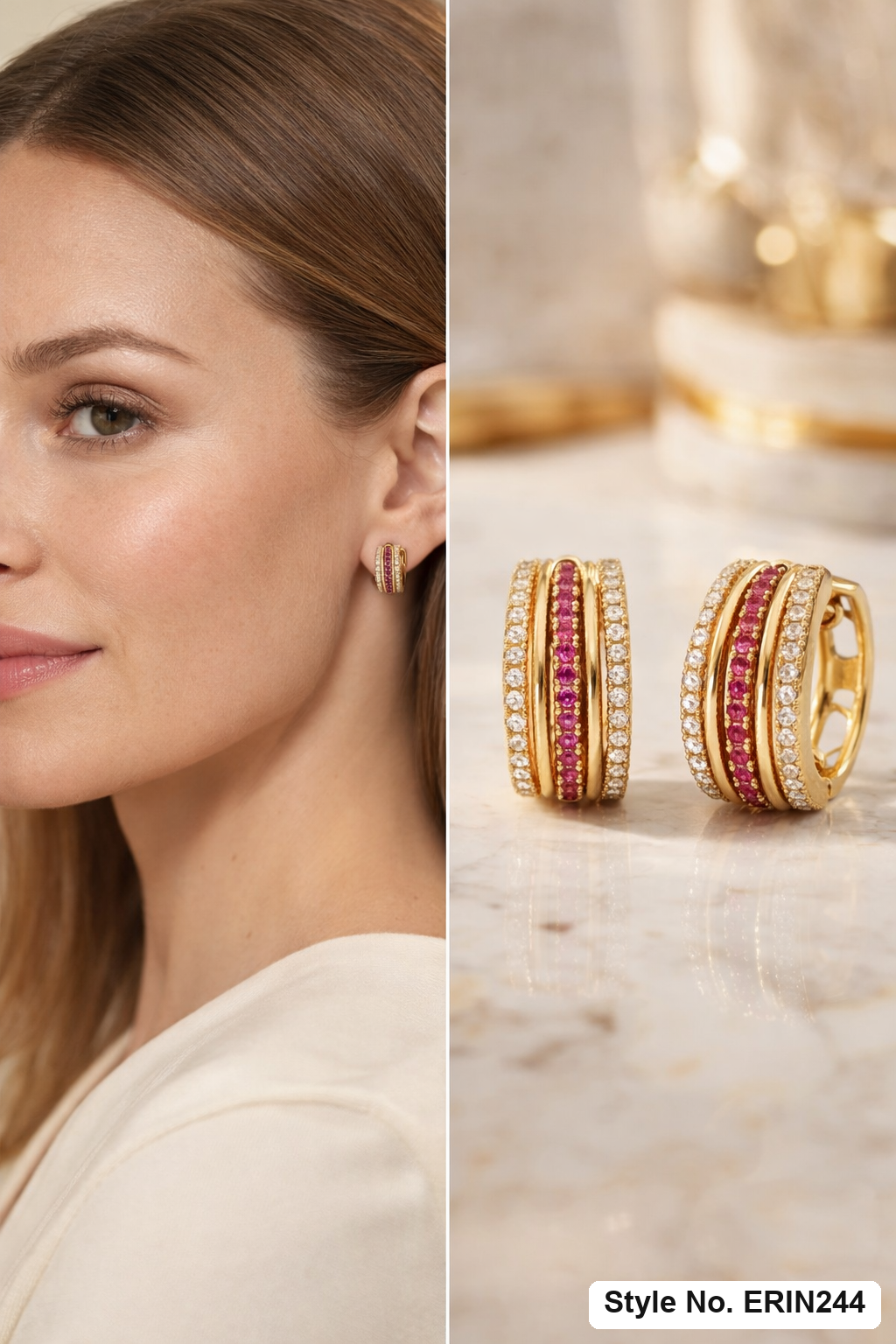 Gold tone ruby pink clear pave multi strand huggie hoop earrings
