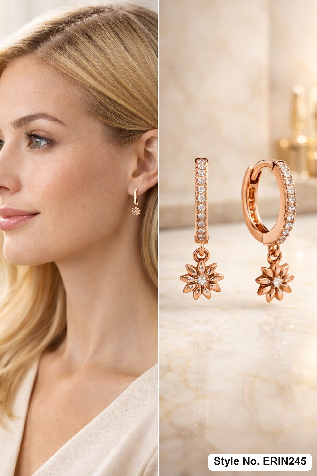 Gold tone pave stone hoop dangling floral charm drop earrings