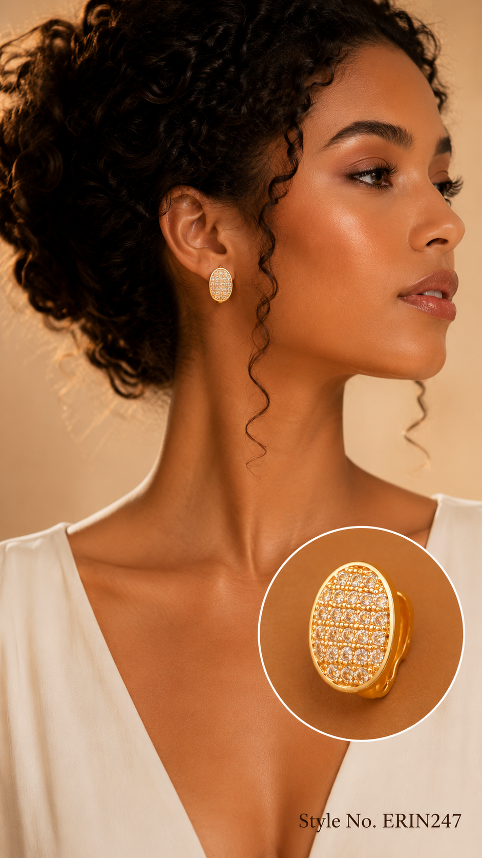 Gold tone oval pave stone clustered frame clip huggie earrings