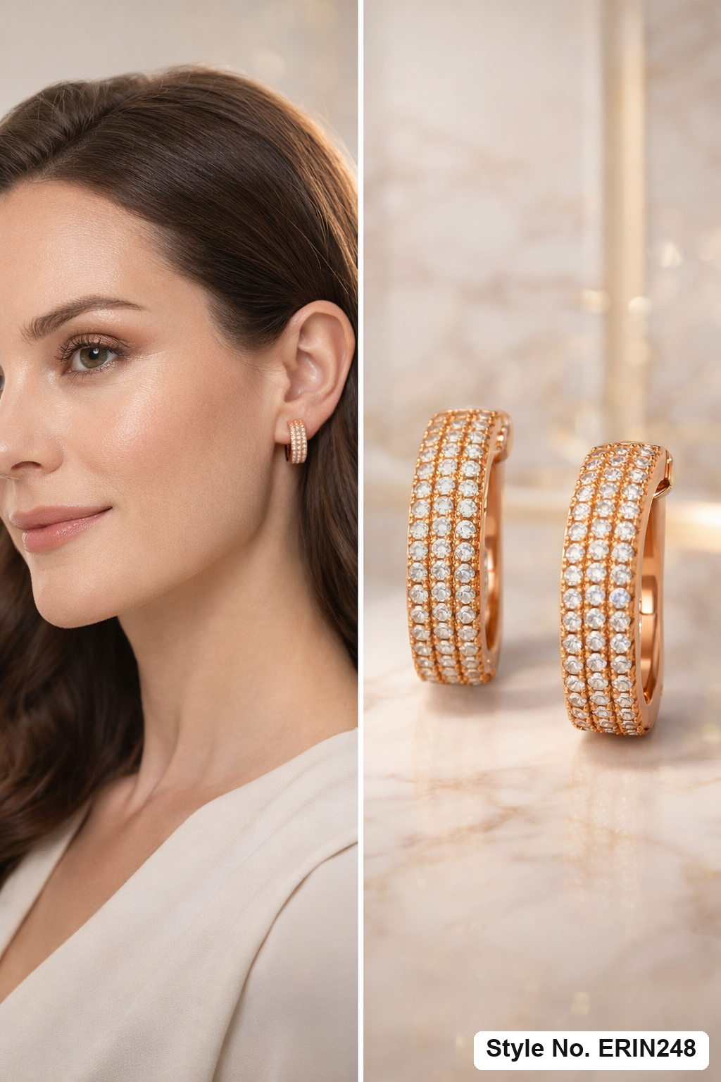 Gold tone three row pave stone curved huggie hoop earrings