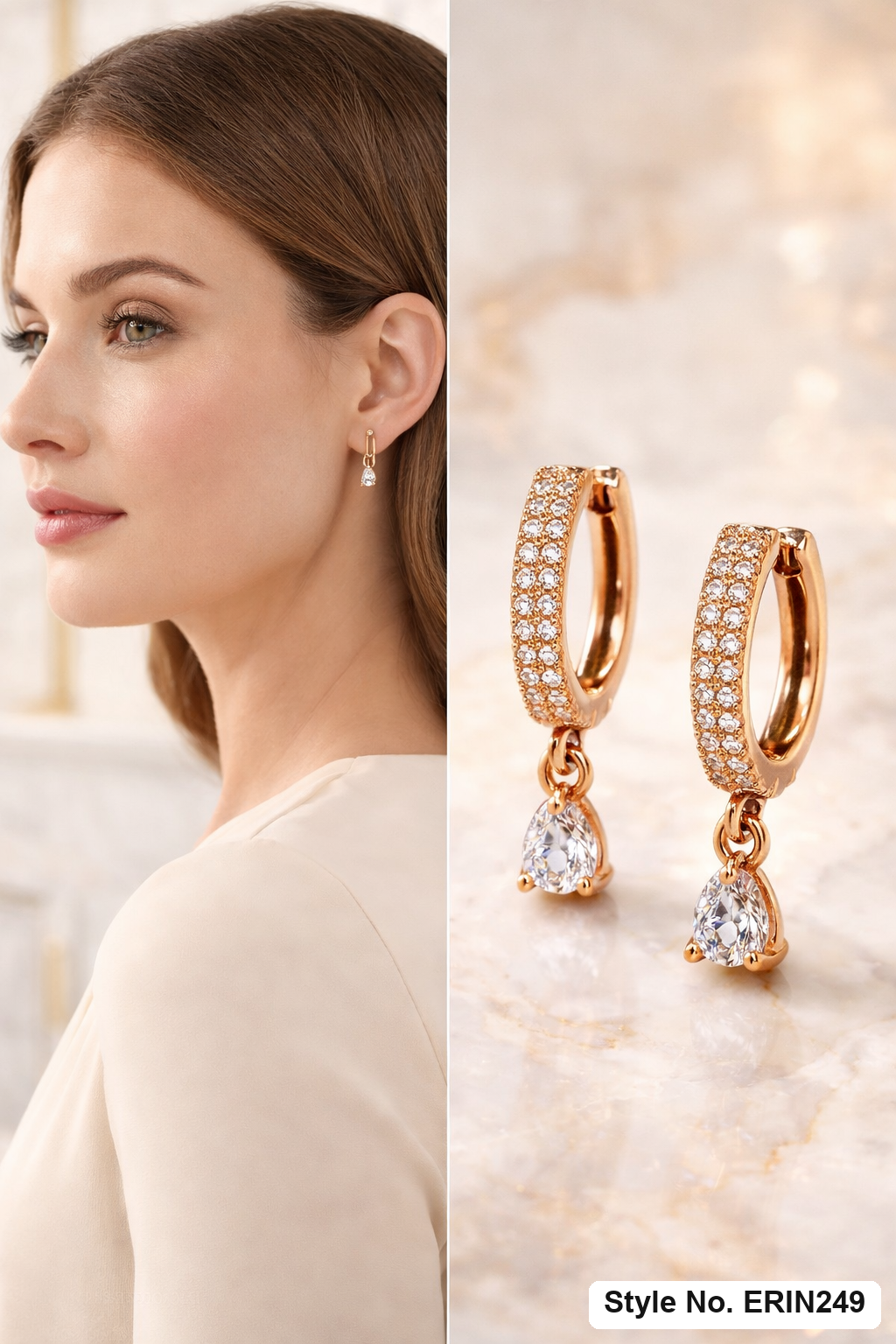 Gold tone double row pave hoop dangling pear stone drop earrings