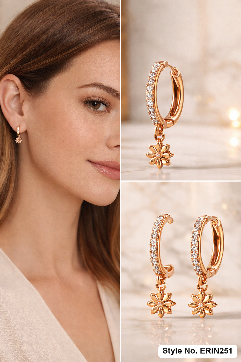 Gold tone single row pave hoop dangling star flower drop earrings