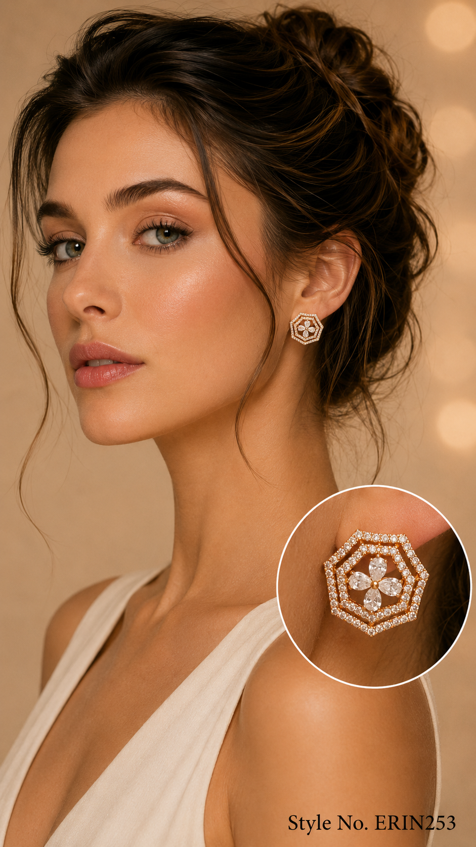 Gold tone double octagonal pave halo flower stud earrings women