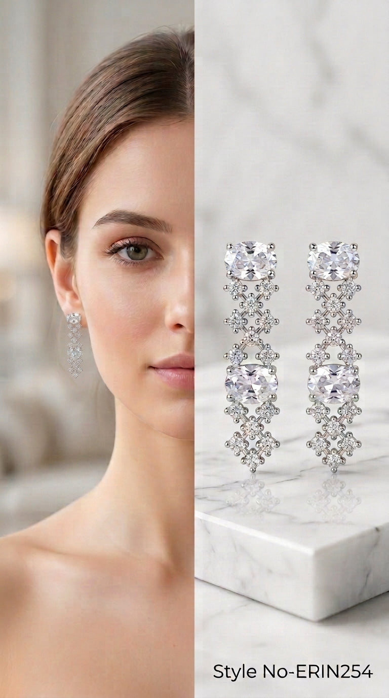 Silver tone oval stone lattice cross geometric linear drop earrings