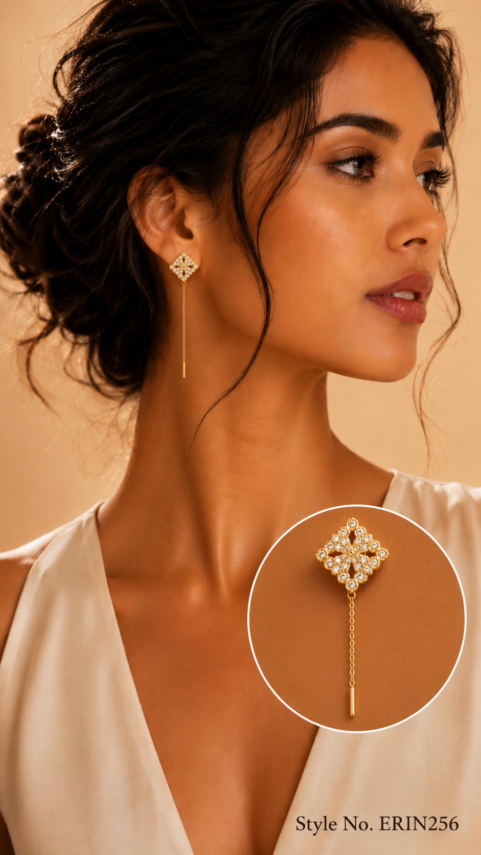 Gold tone clover stone square frame box chain threader earrings