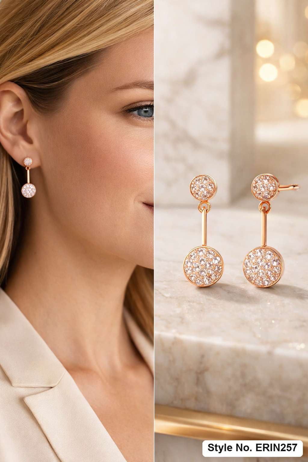 Gold tone round pave stone front back jacket drop earrings