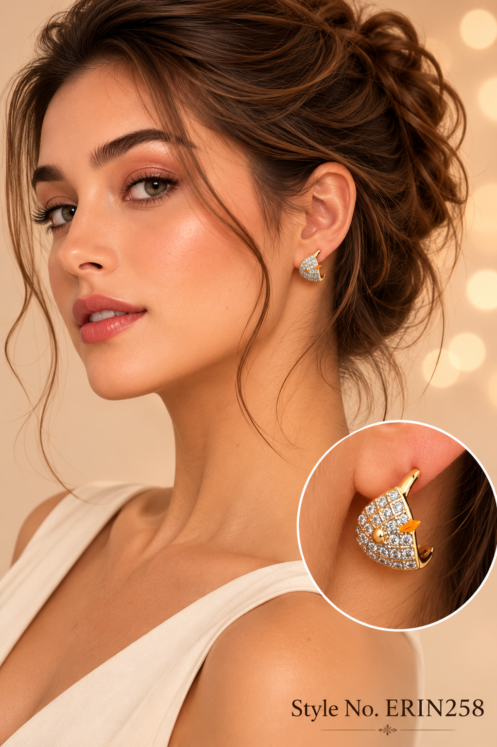 Gold tone structured envelope pave stone geometric huggie hoop earrings