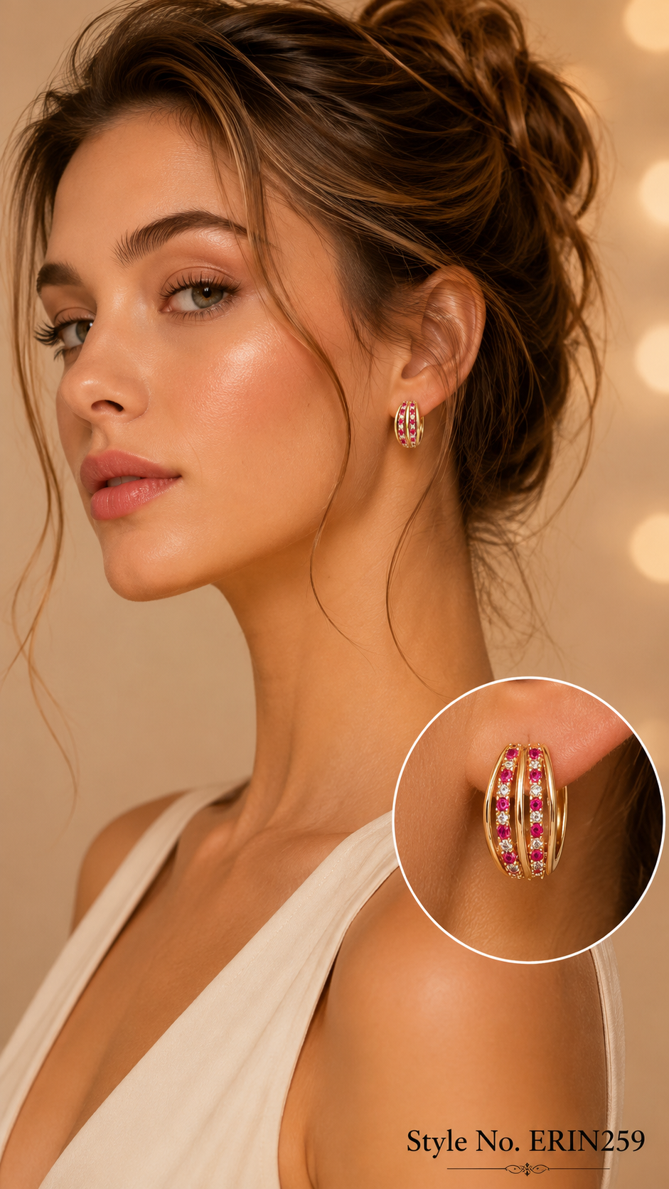 Gold tone alternating pink clear stone multi strand huggie earrings