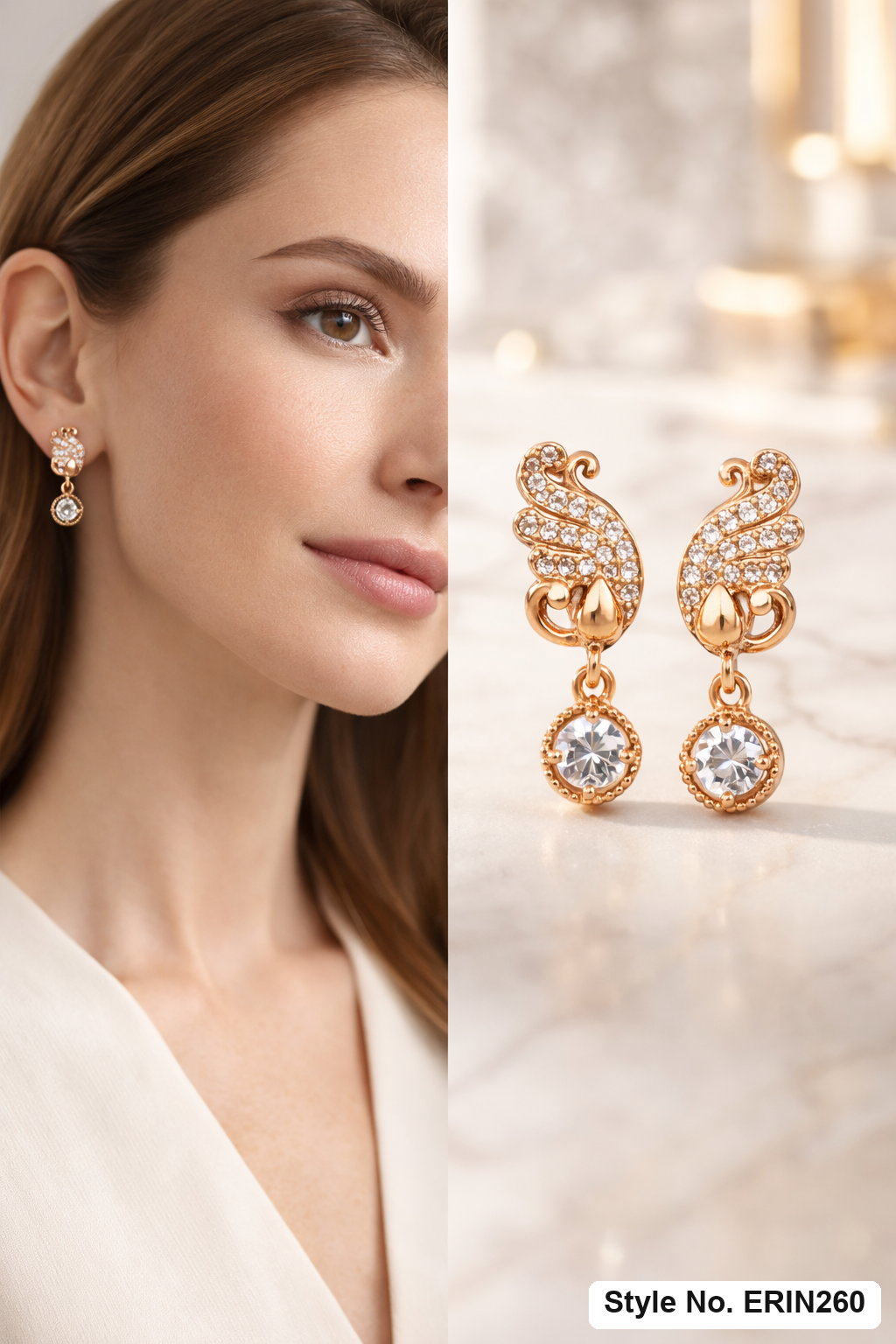 Gold tone peacock pave stone dangling round solitaire drop earrings