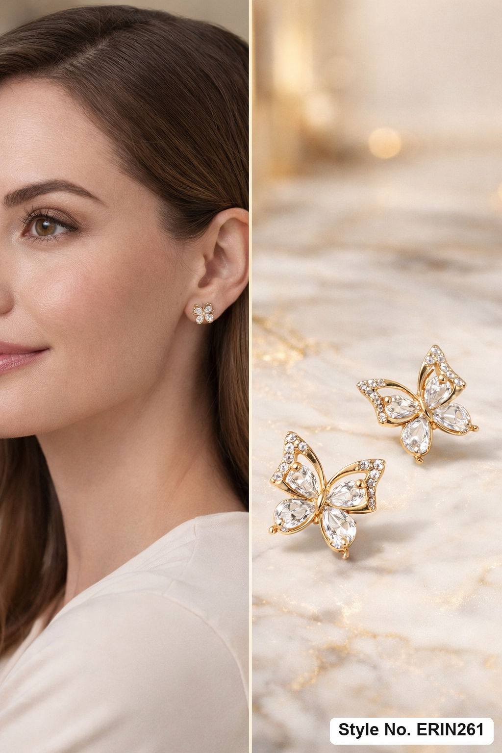 Gold tone butterfly pear stone pave halo geometric stud earrings
