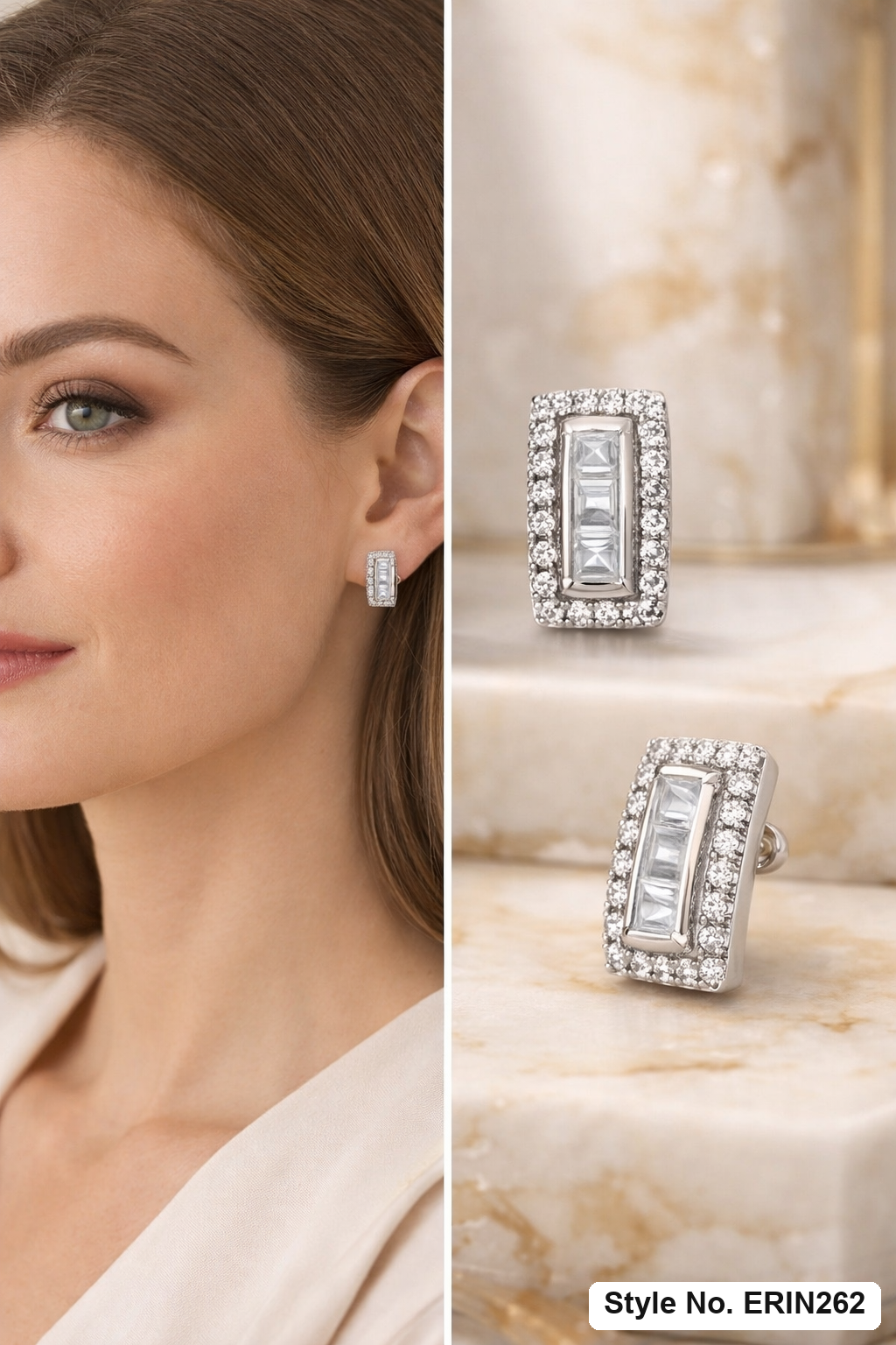 Gold tone baguette stone pave halo rectangular huggie hoop earrings