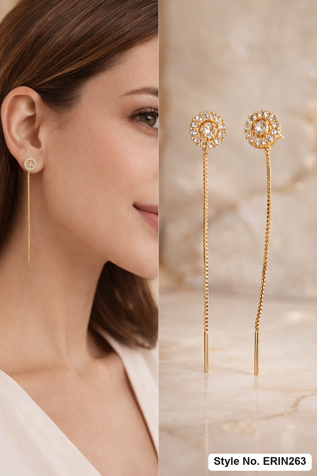 Gold tone round floral pave halo box chain threader earrings