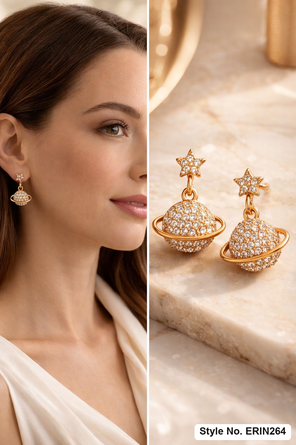 Gold tone star stud dangling planet pave stone drop earrings