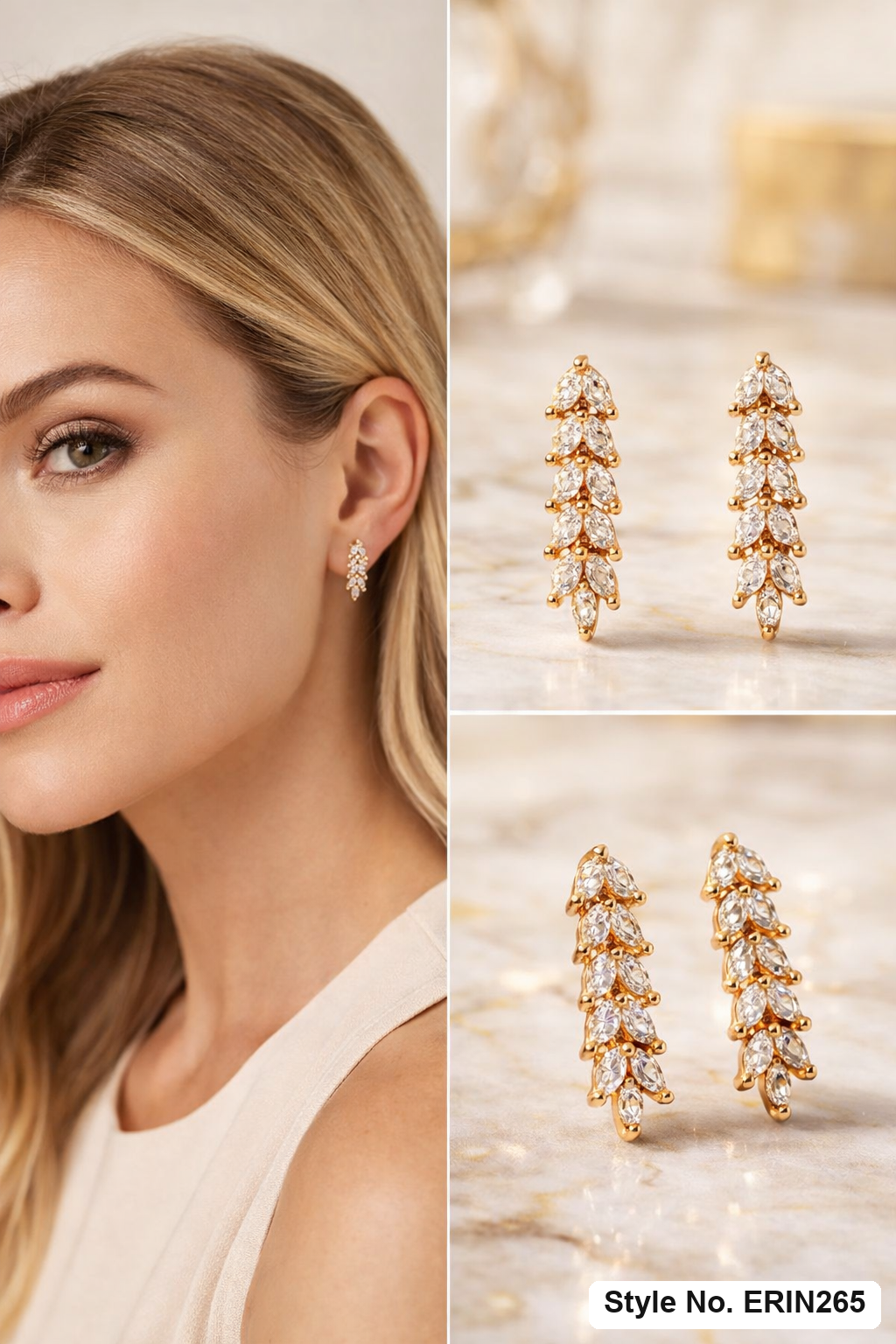 Gold tone marquise stone leaf branch vine climber stud earrings