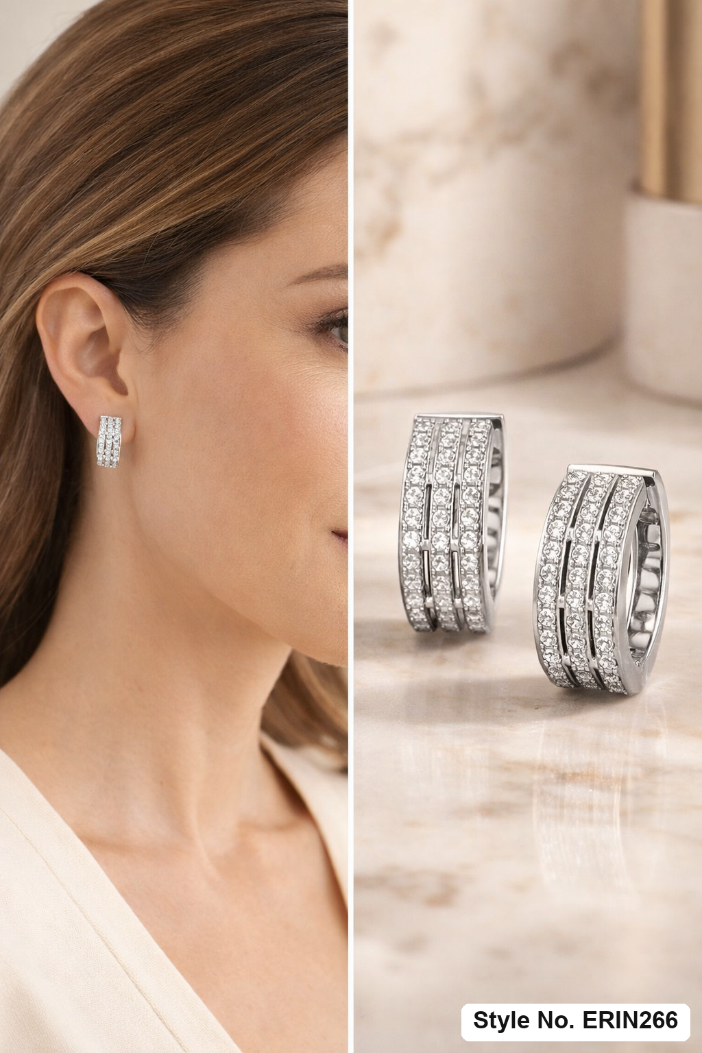Silver tone triple row openwork pave stone wide huggie earrings