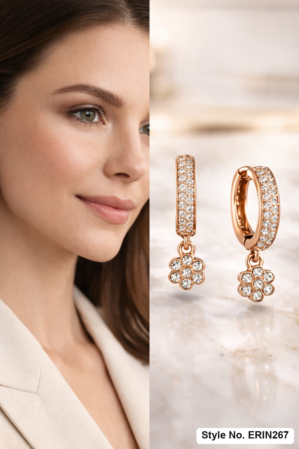 Gold tone multi row pave hoop dangling flower drop earrings