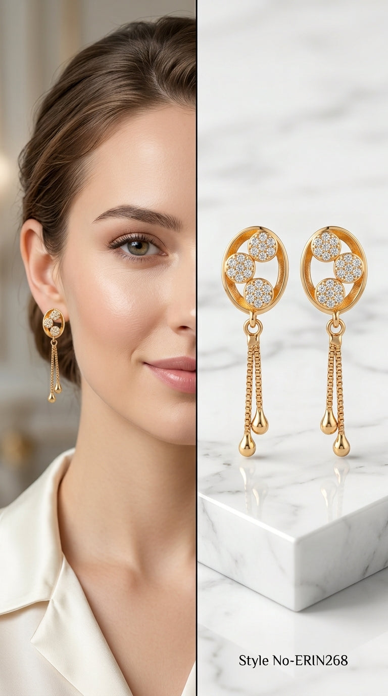 Gold tone oval pave trio cluster box chain drop earrings