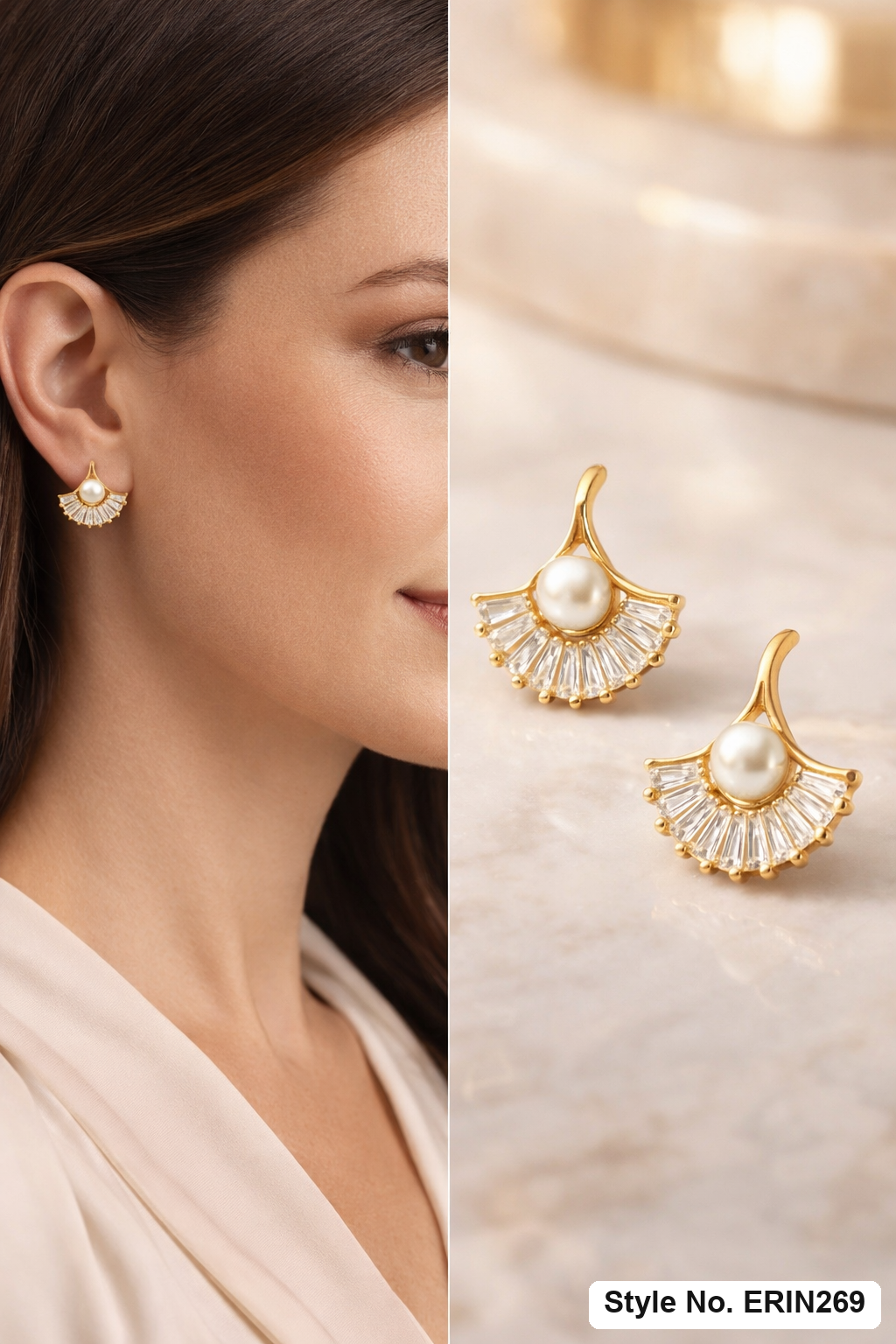 Gold tone fan baguette stone synthetic pearl leaf stud earrings