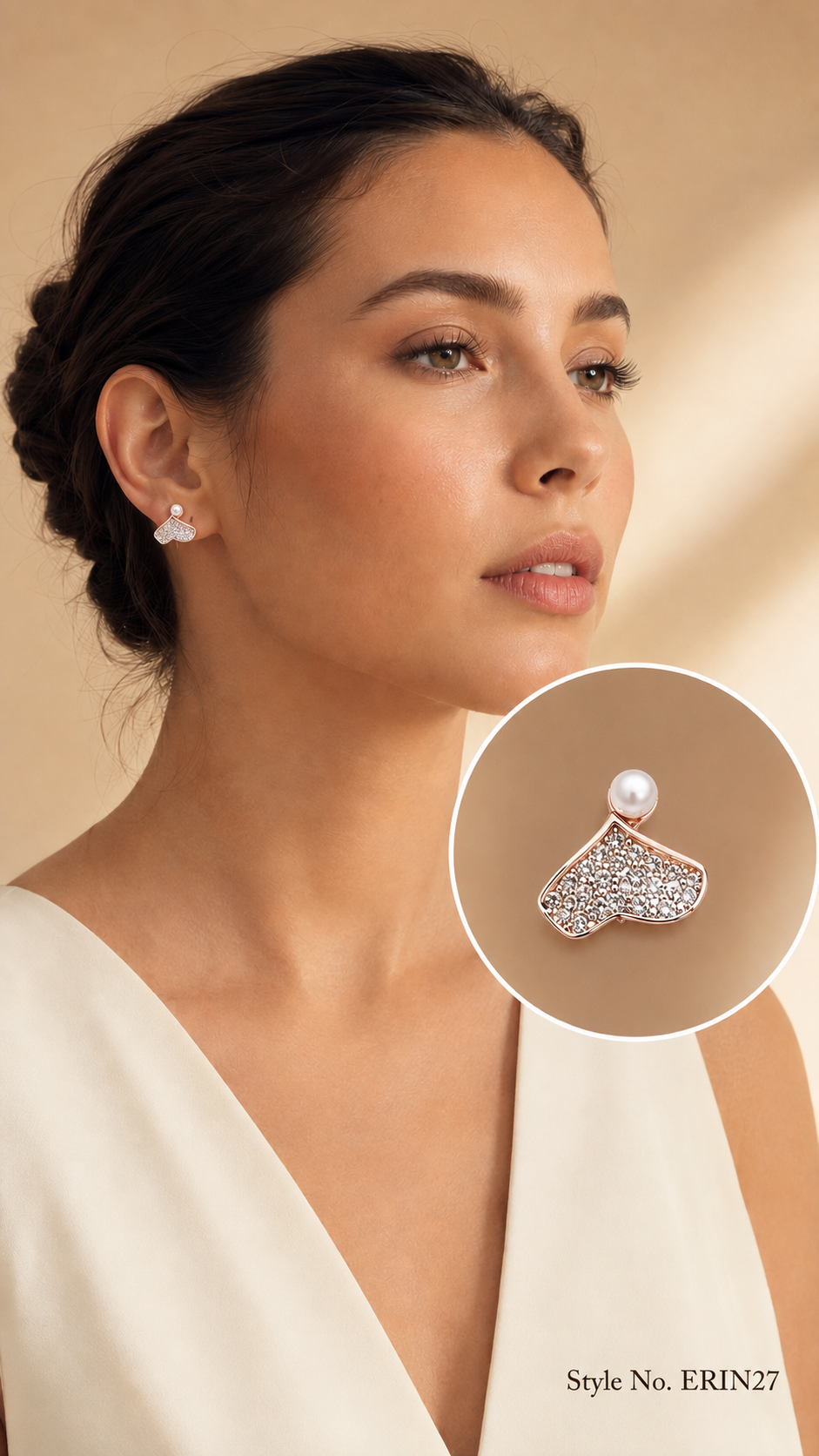 Elegant Gold Whale Tail Stud Earrings With Pearl And Crystals