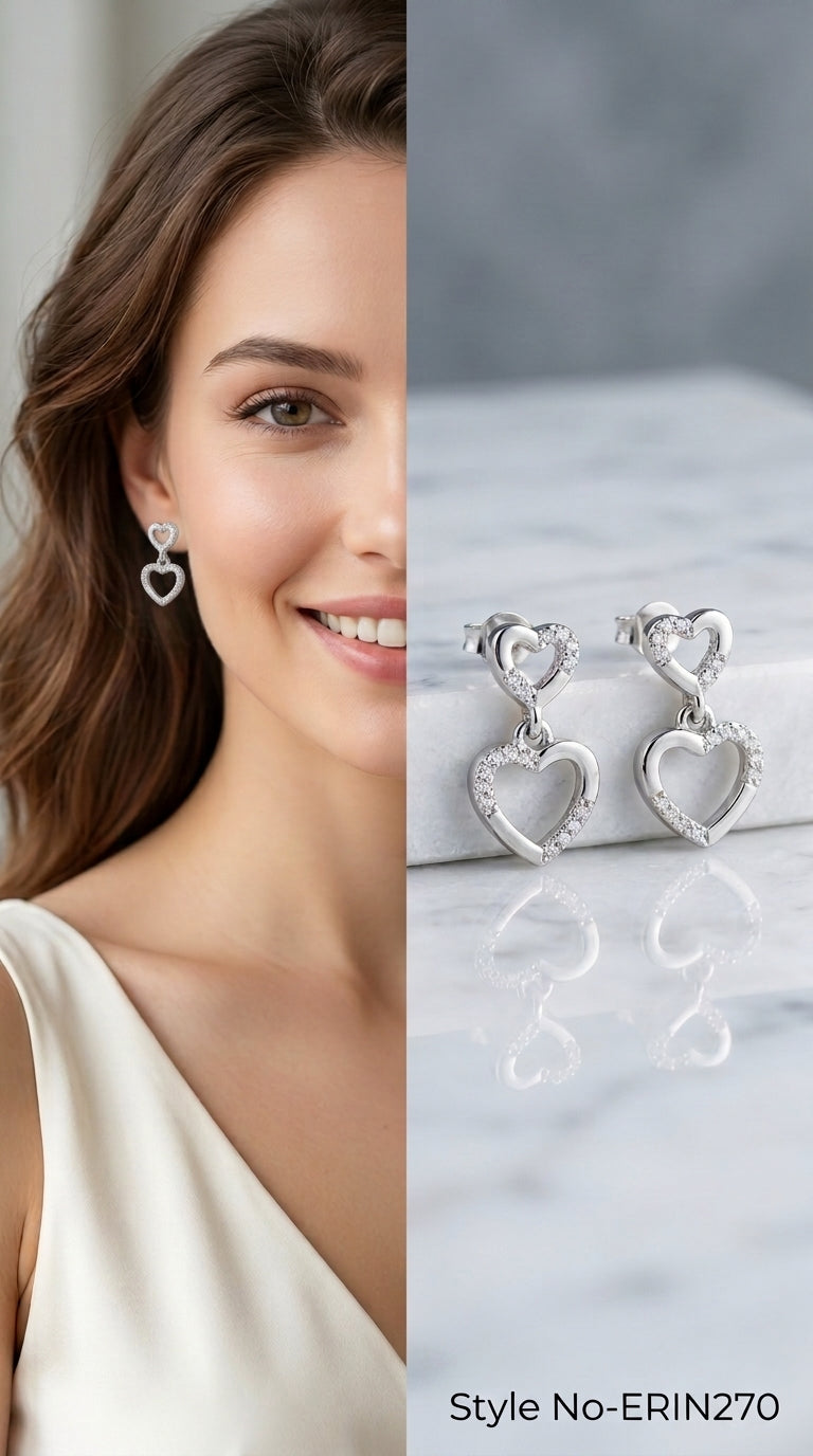Silver tone open heart pave stone dual dangling drop earrings