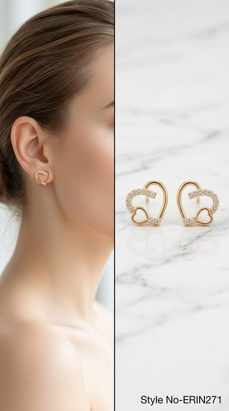 Gold tone open heart pave stone overlapping heart stud earrings