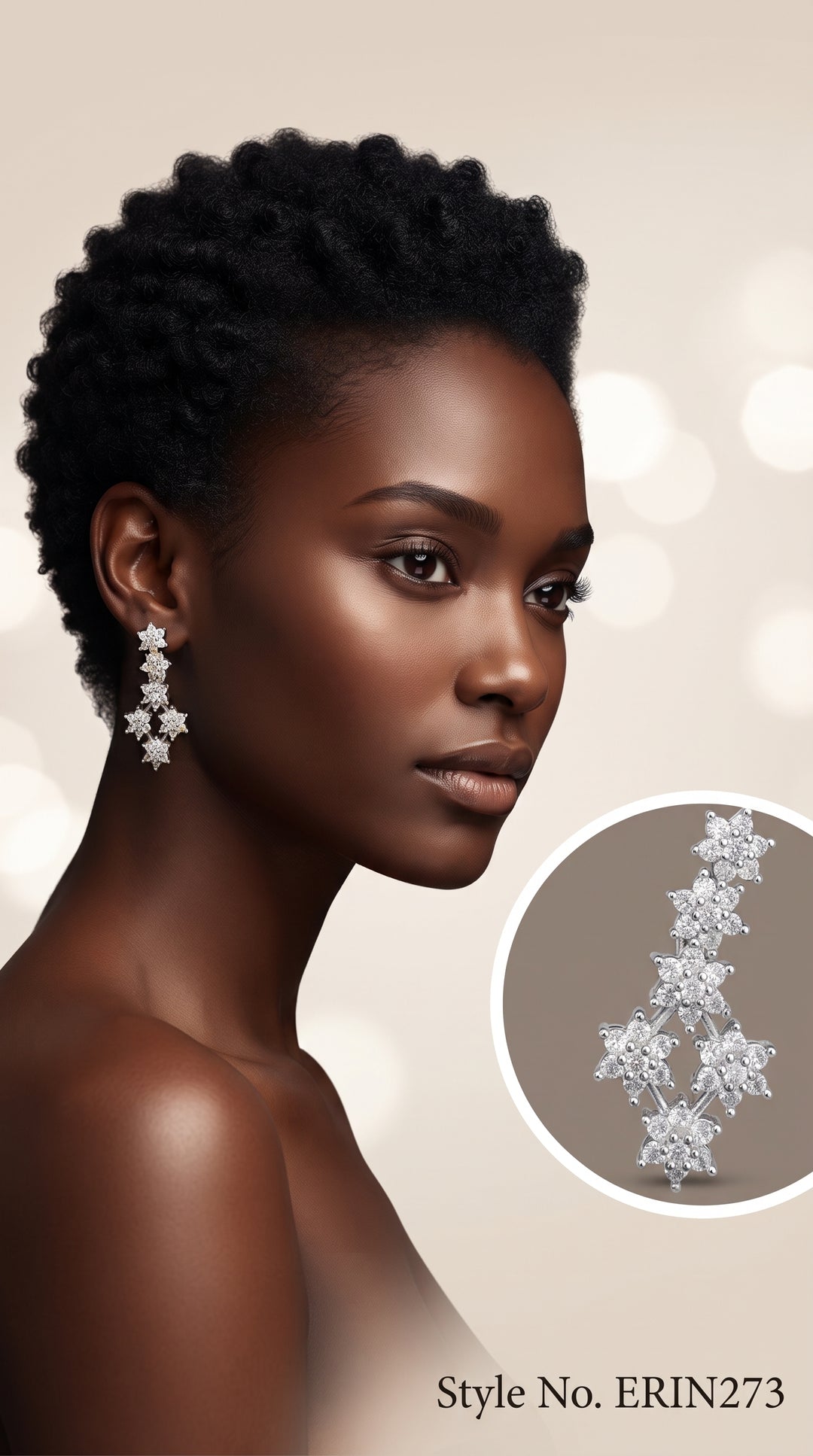 Silver tone floral pave stone cascading drop crawler stud earrings