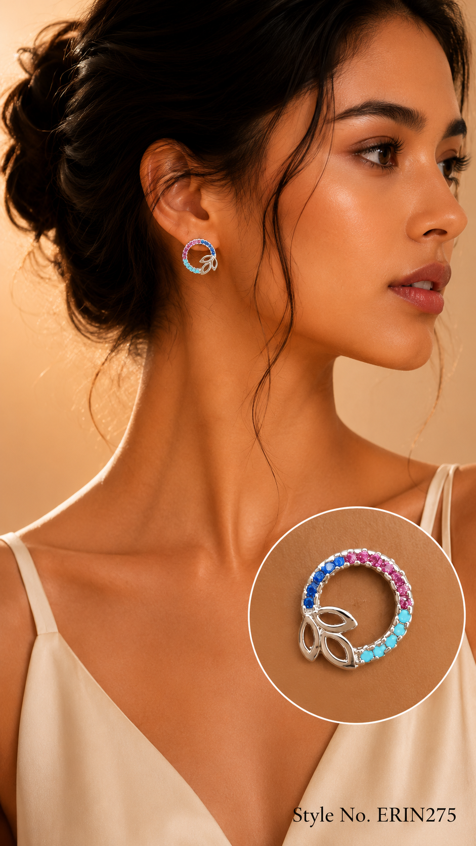 Tricolor stone pave open circle leaf motif stud earrings