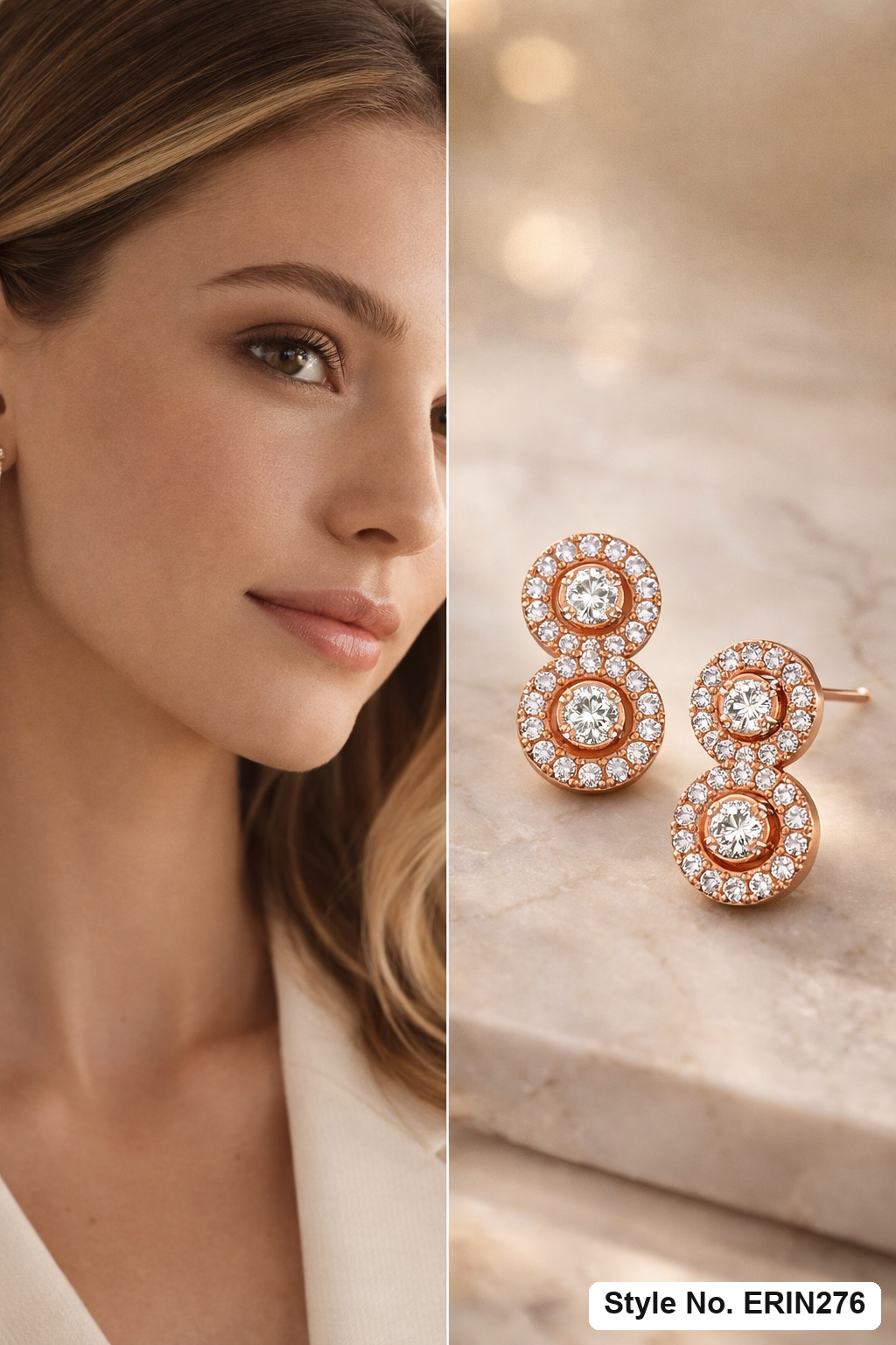 Dual round halo pave stone articulated linear drop stud earrings