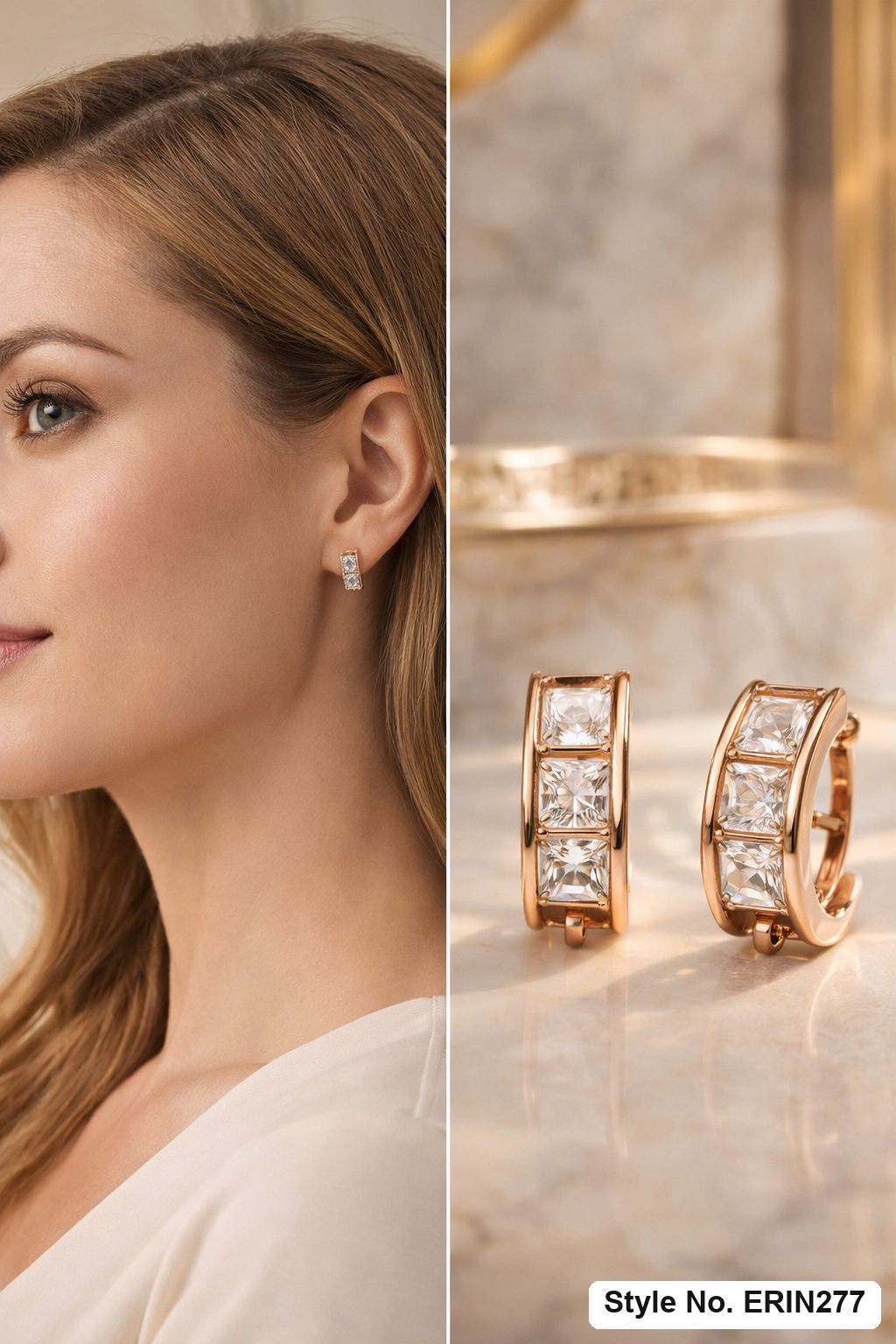 Channel set princess cut stone wide huggie hoop earrings