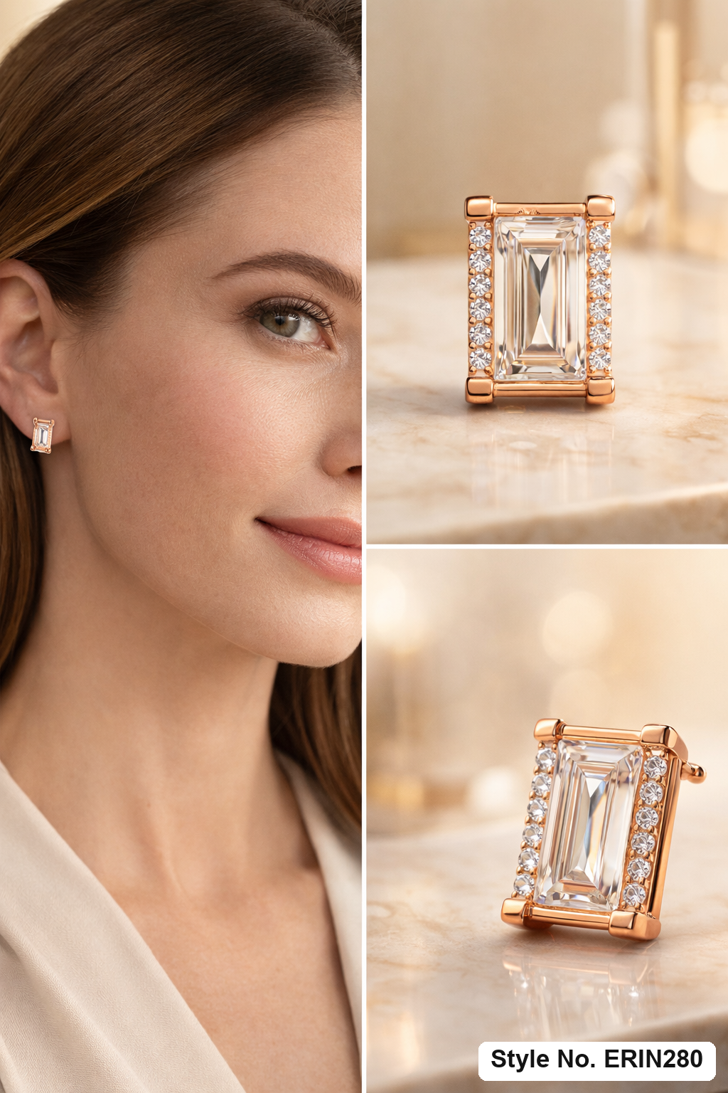 Emerald cut stone pave side border rectangular huggie hoop earrings