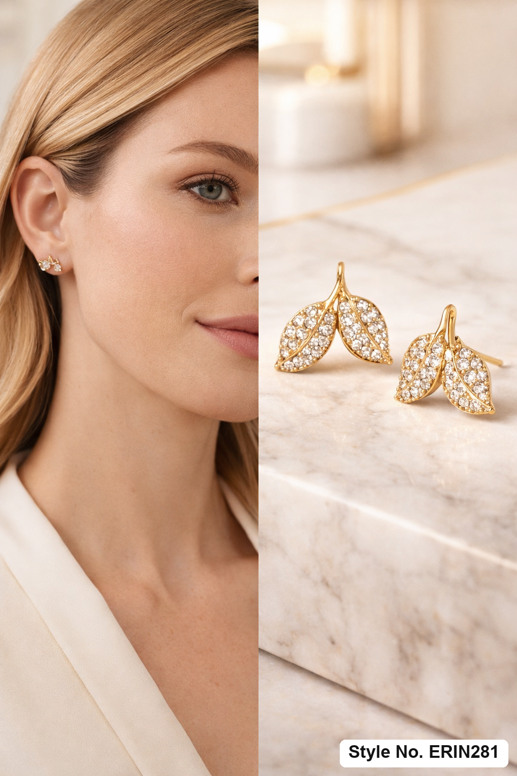 Dual leaf pave stone botanical branch accent stud earrings